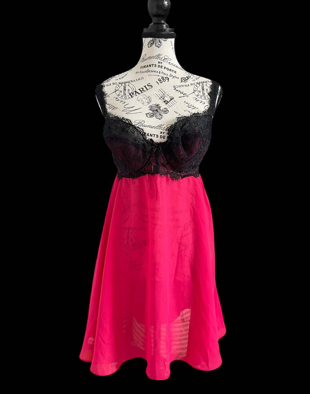 Cacique Hot Pink Babydoll Chemise Lingerie Black Lace Underwire Sheer 14/16